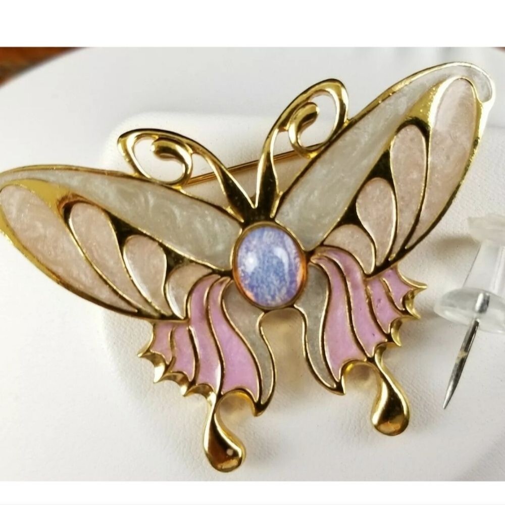 Butterfly Brooch Pin Pastel Colors Gold Colored Back Center Stone Glass Enamel